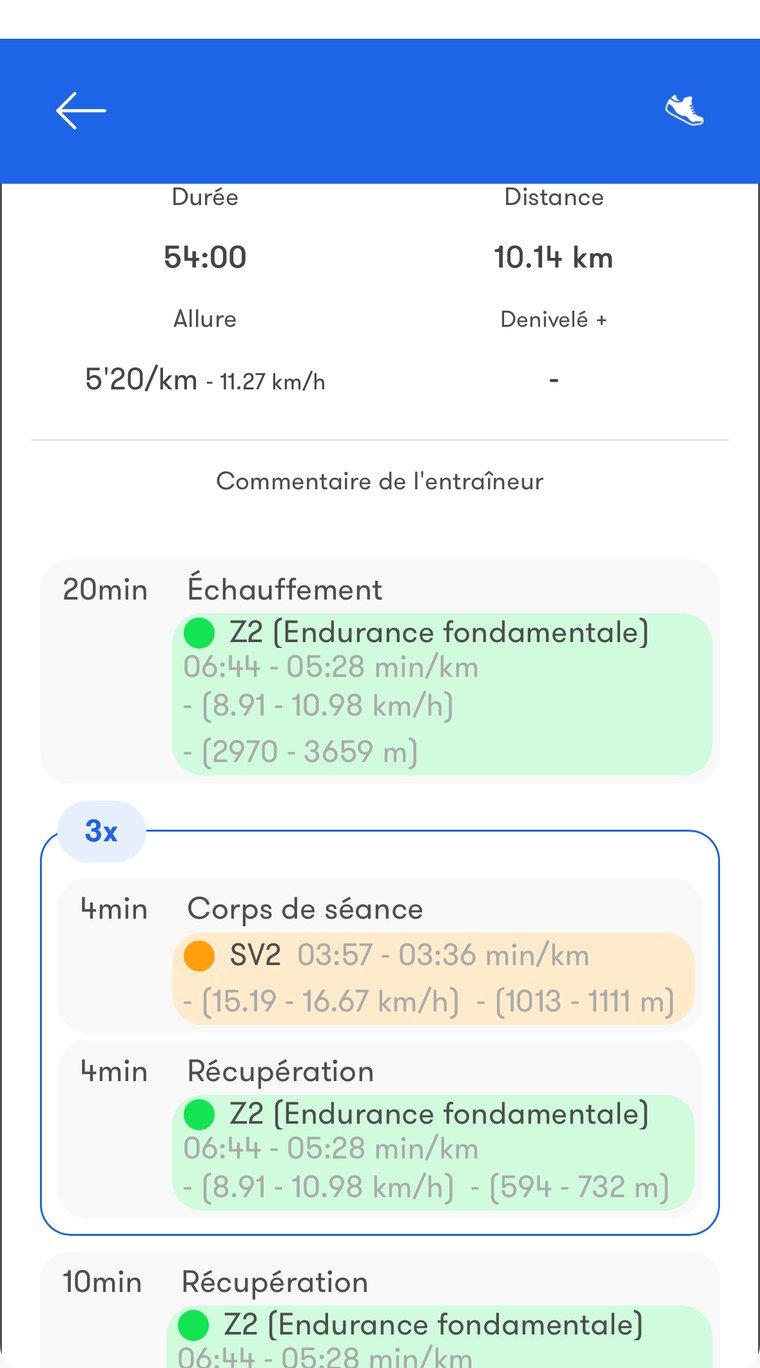 Détail d’une séance dans l’application Nolio : 20 min d’échauffement, 3 × 4 min avec récupération, retour au calme, allures par zone